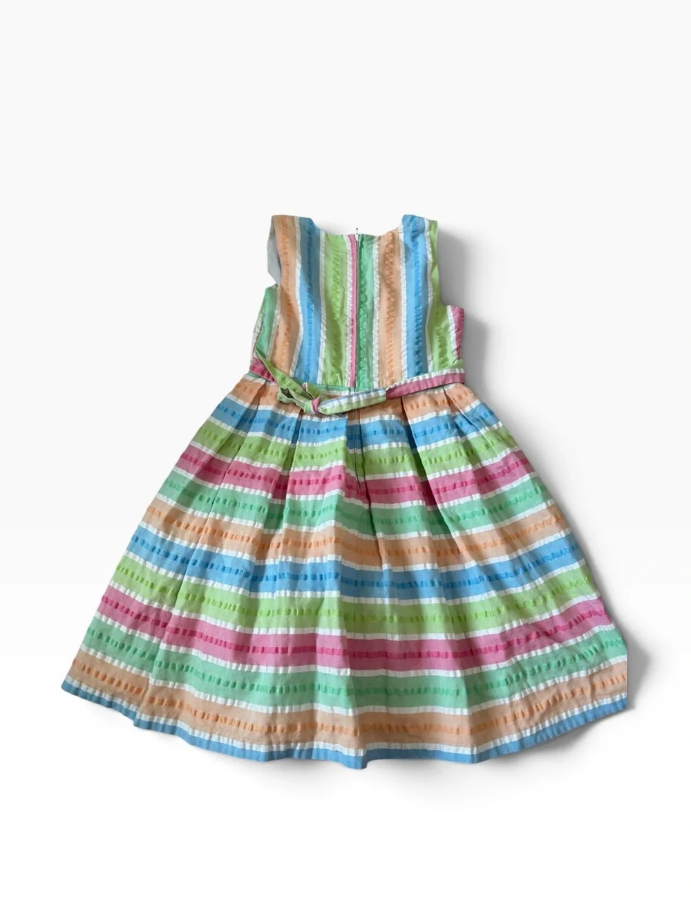 Bonnie Jean Pastel Rainbow Striped Seersucker Dress with Pink Bow Coquette